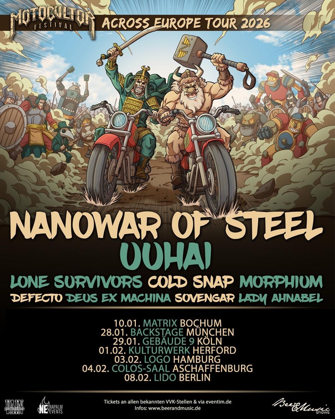 Tourflyer-Deutschland Nanowar of Steel geht auf große Motocultor Across Europe Tour 2026