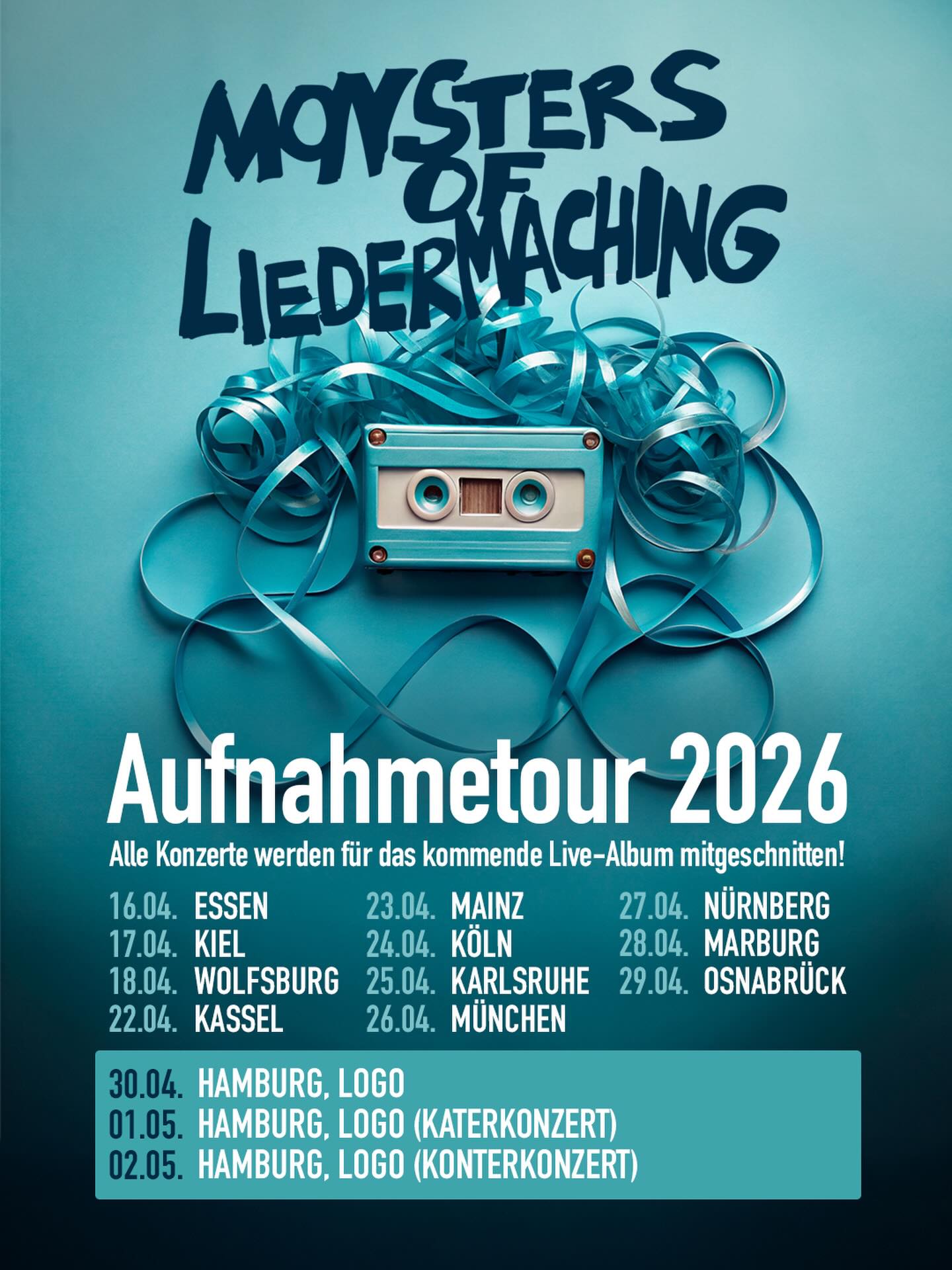 Flyer-hoch Die Aufnahmetour 2026 von Monsters of Liedermaching